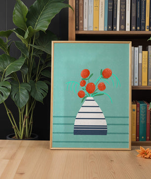 Vase with Red Flowers on a Textured Blue Background - Mi tienda