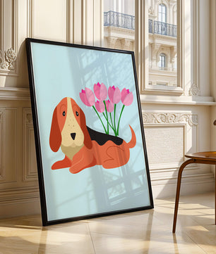 Illustration eines Basset Hound mit rosa Blumen auf hellblauem Hintergrund