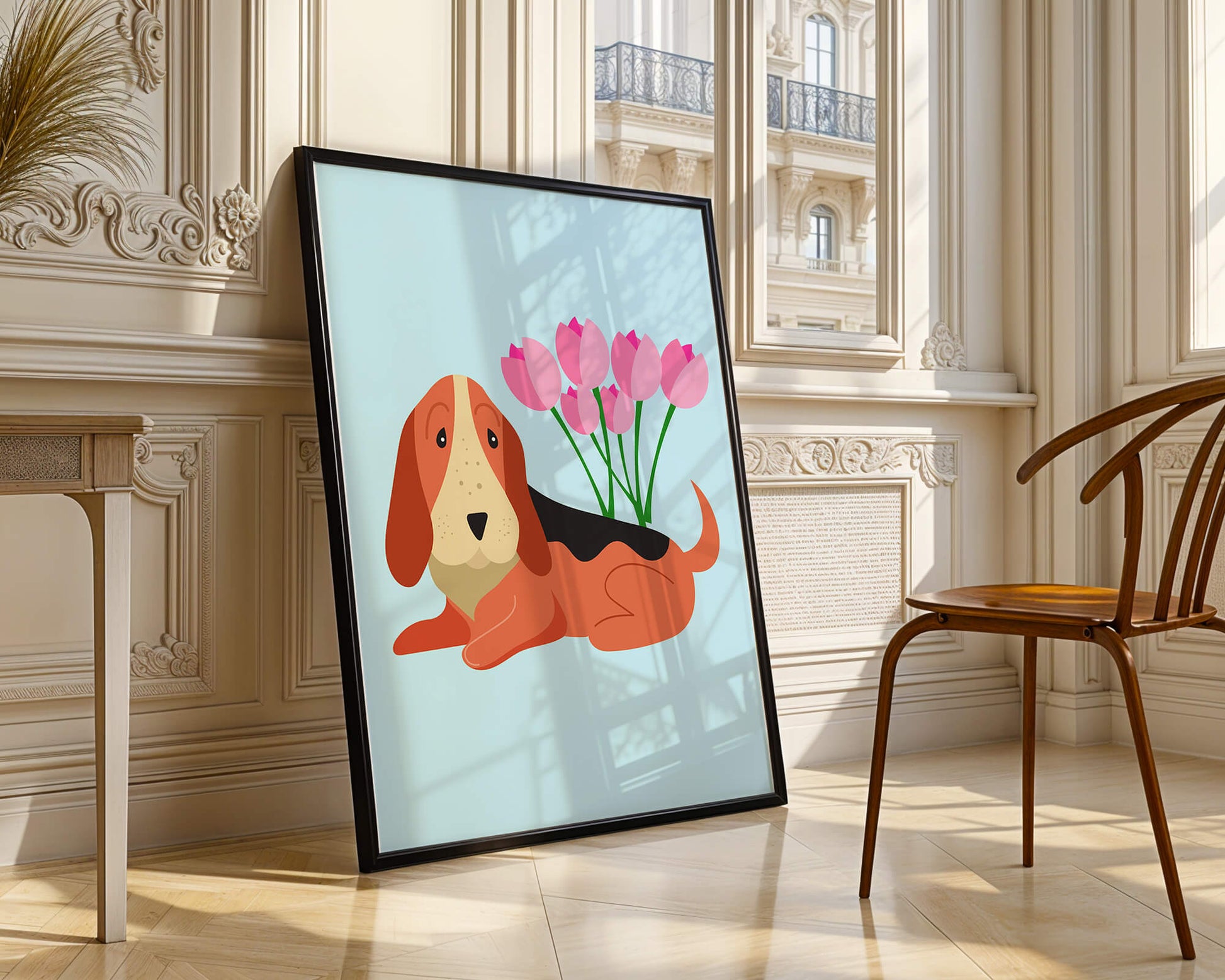 Illustration eines Basset Hound mit rosa Blumen auf hellblauem Hintergrund