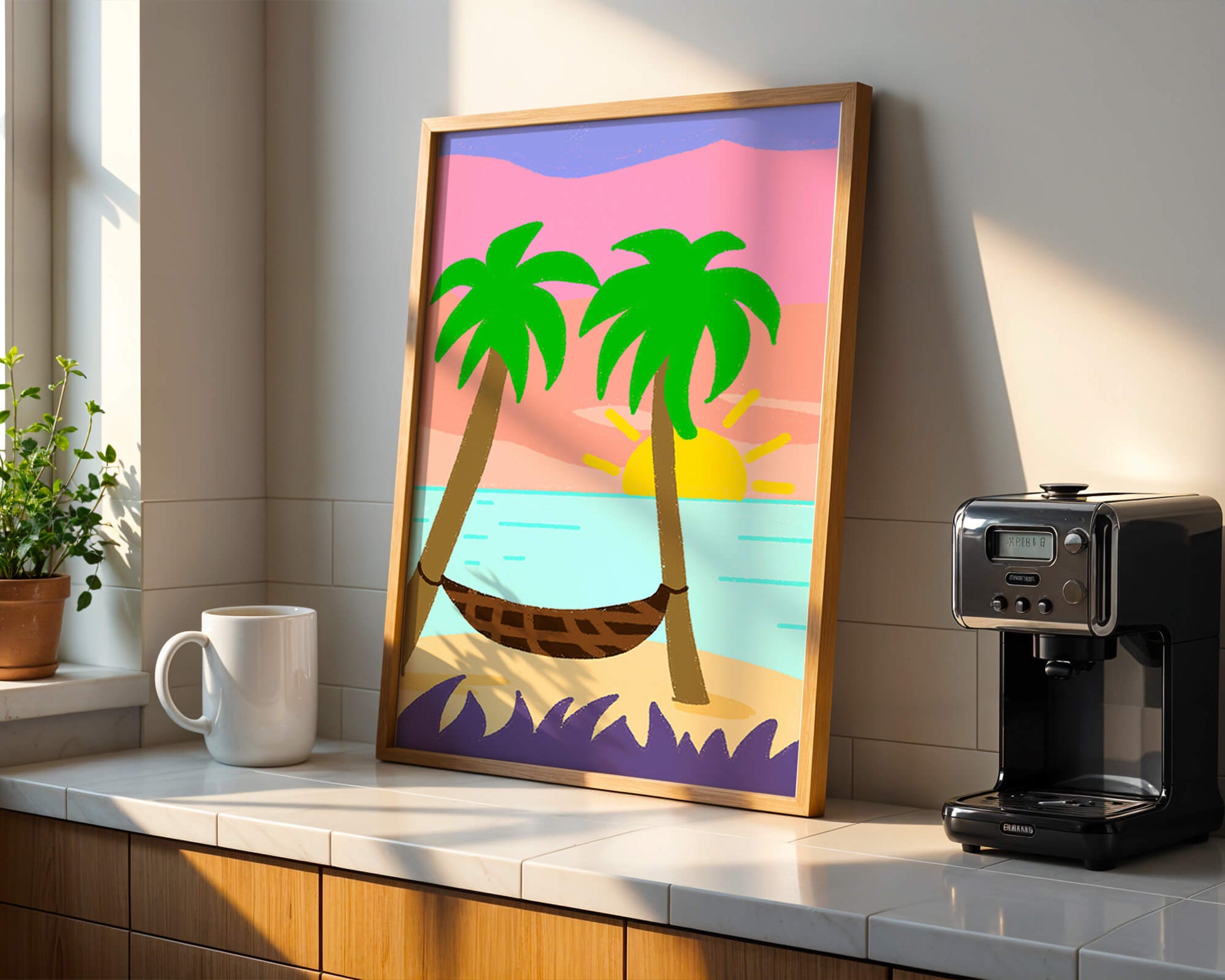 Tranquil beach scene with hammock and sunset