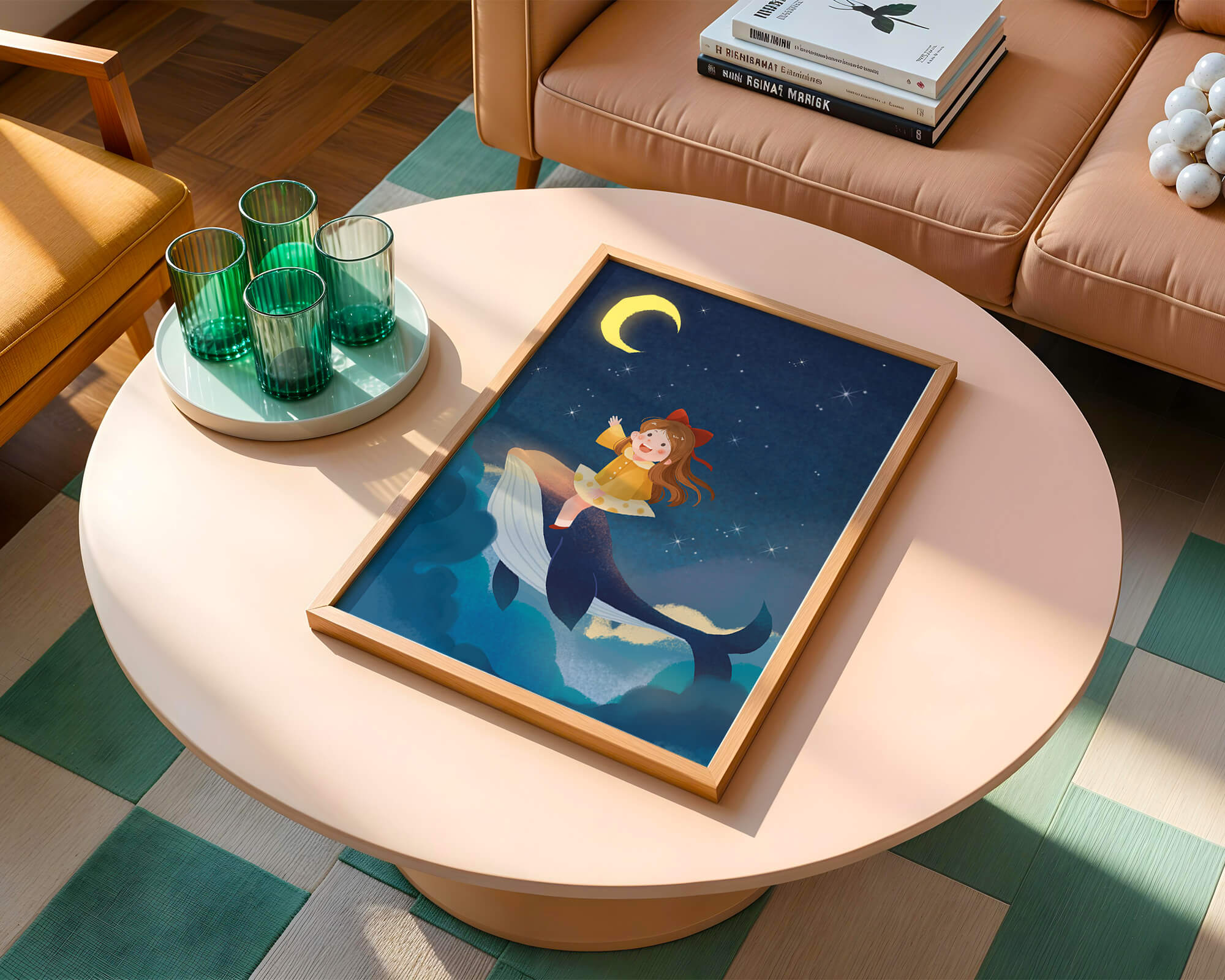 Girl on a whale under starry night sky