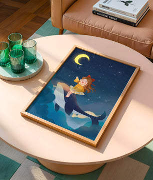 Girl on a whale under starry night sky