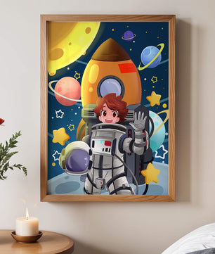 Young Astronaut with Rocket and Planets in Space Adventure
