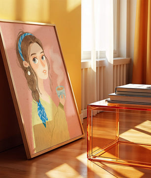 Illustration d'une fille avec un bandeau tenant une tasse fumante