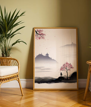 Paisaje sereno con árbol de cerezo y pagodas distantes