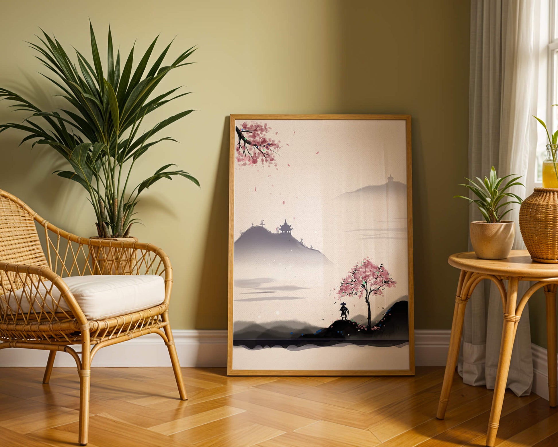 Paisaje sereno con árbol de cerezo y pagodas distantes