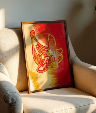 Abstract banana art with vibrant red and orange hues