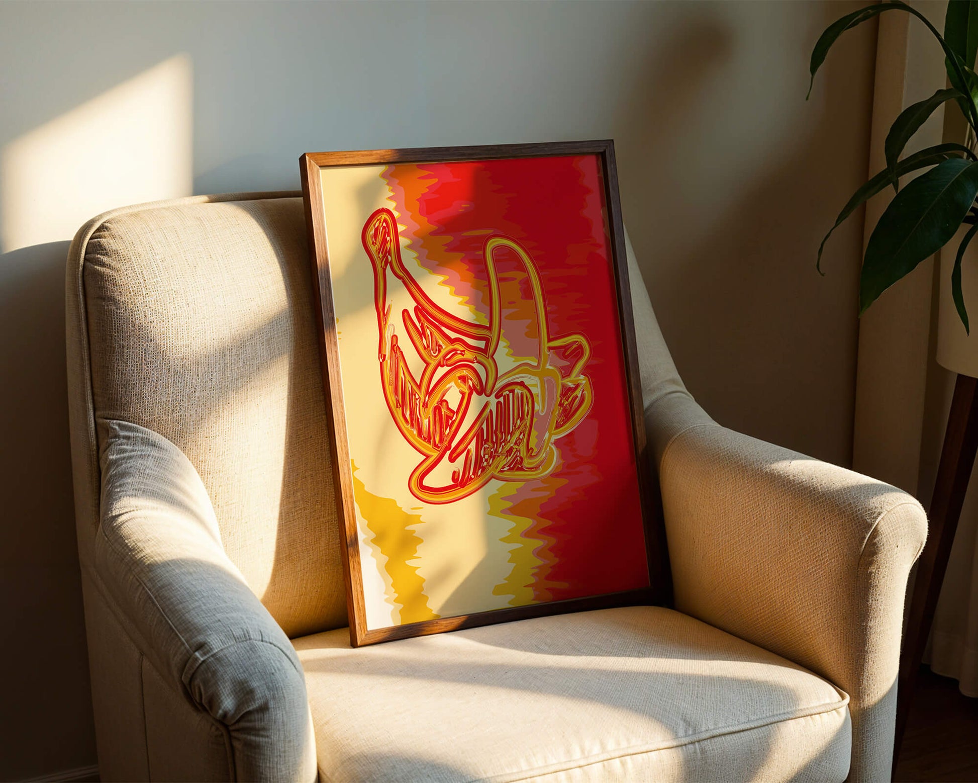 Abstract banana art with vibrant red and orange hues