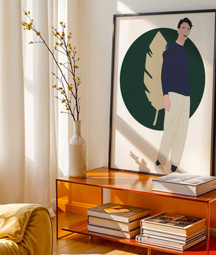 Illustration of a man standing with abstract leaf background
