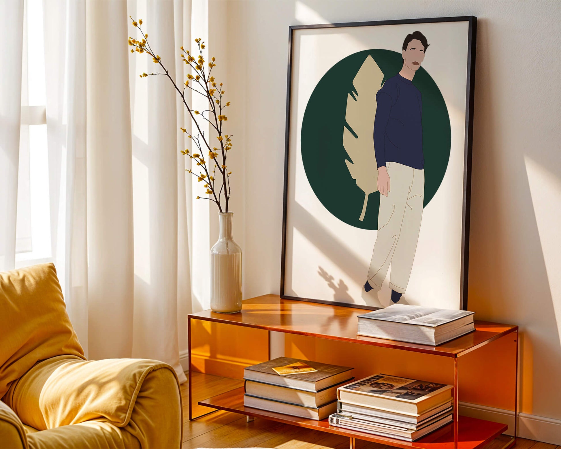 Illustration of a man standing with abstract leaf background