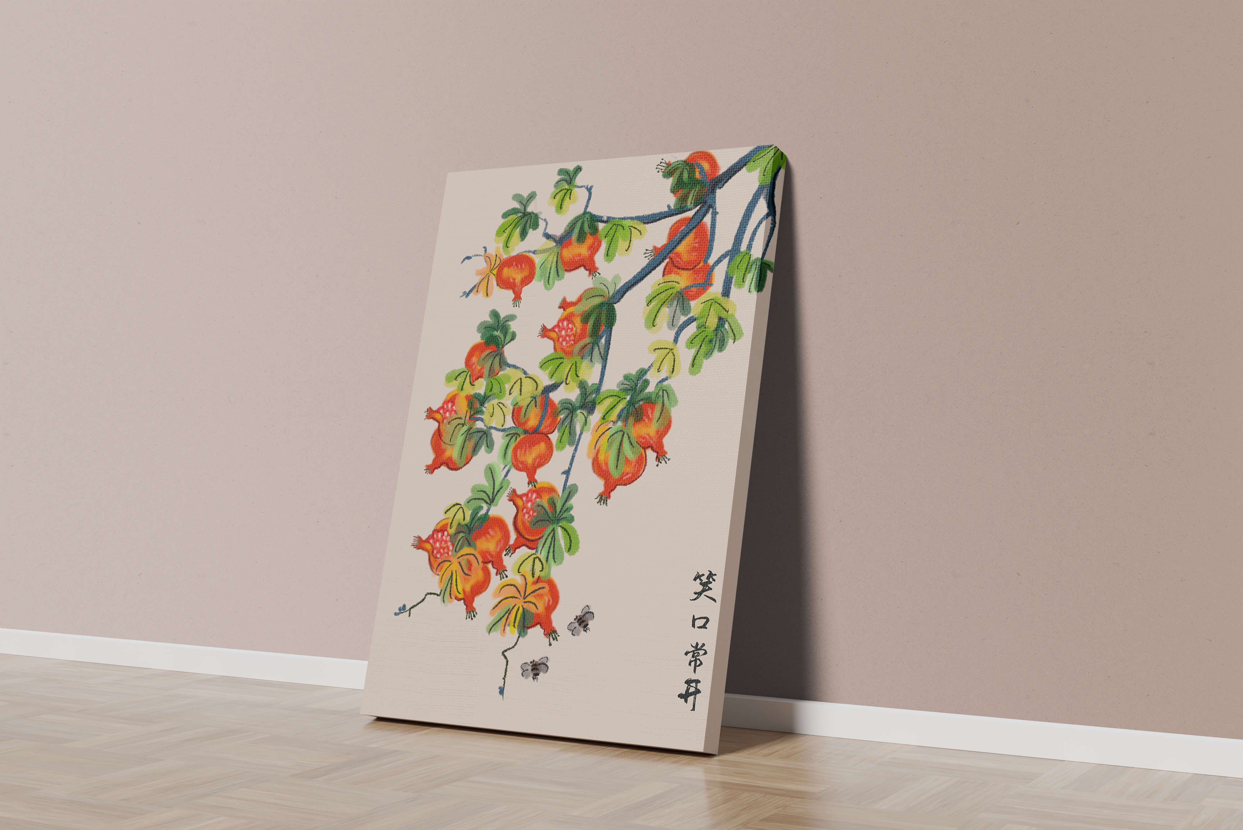 Artistic illustration of vibrant pomegranates on a branch with Asian aesthetic