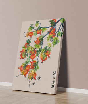 Artistic illustration of vibrant pomegranates on a branch with Asian aesthetic