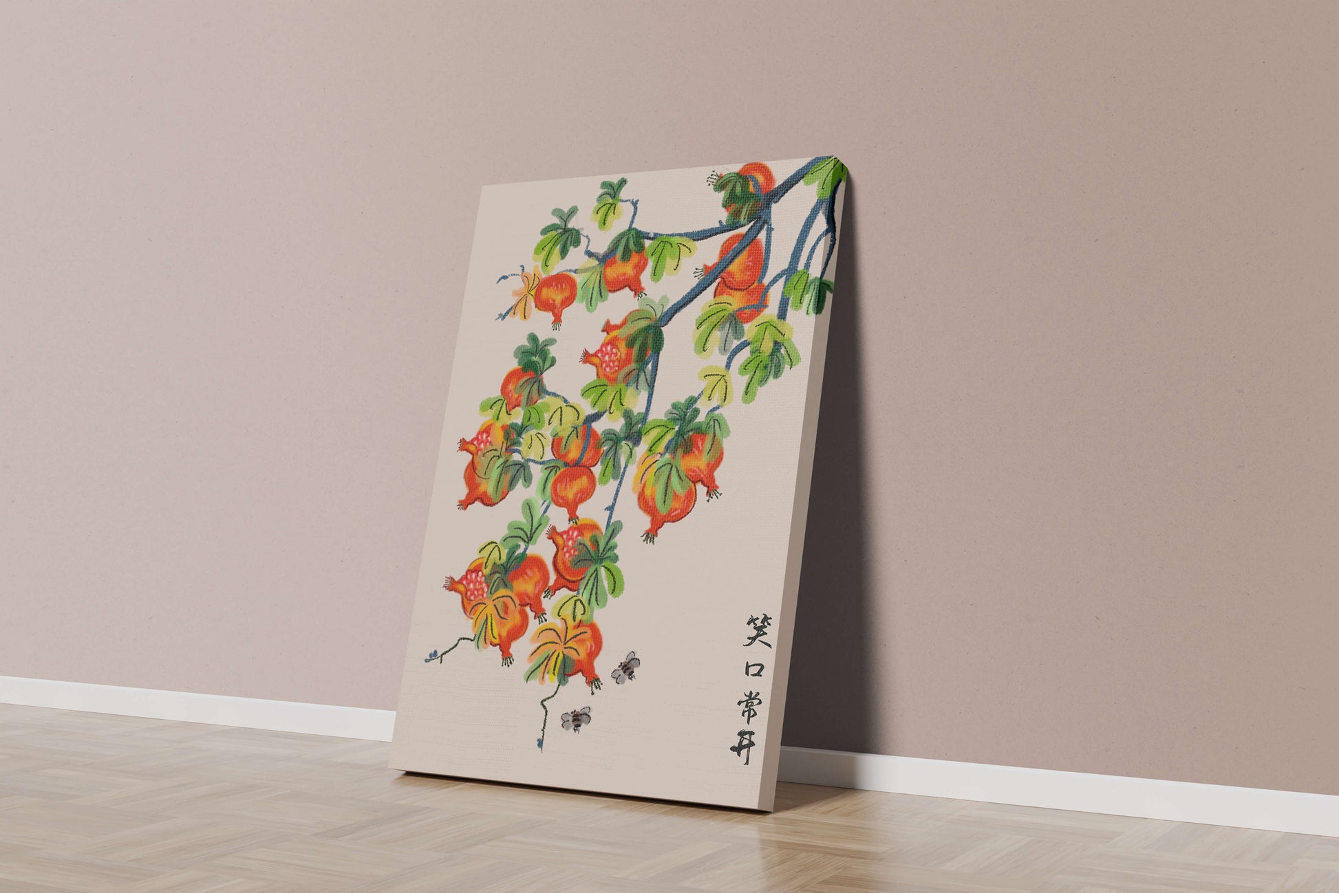 Artistic illustration of vibrant pomegranates on a branch with Asian aesthetic