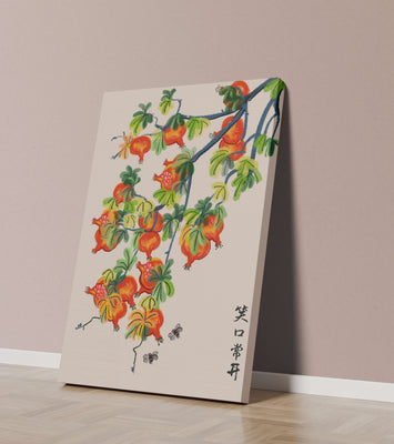 Artistic illustration of vibrant pomegranates on a branch with Asian aesthetic