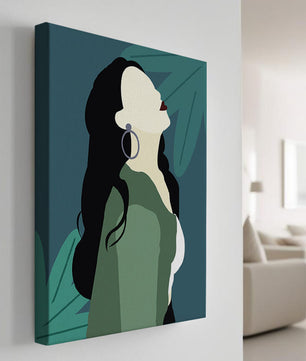 Stylized artwork of a woman with dark hair and earrings against a tropical leaf backdrop
