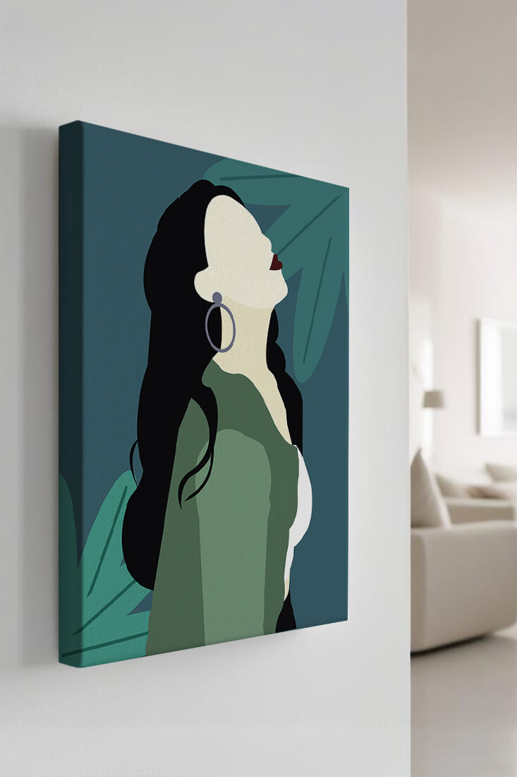 Stylized artwork of a woman with dark hair and earrings against a tropical leaf backdrop