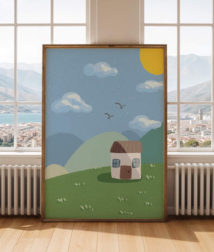 Illustration of a small house on a sunny hillside with clouds in a blue sky