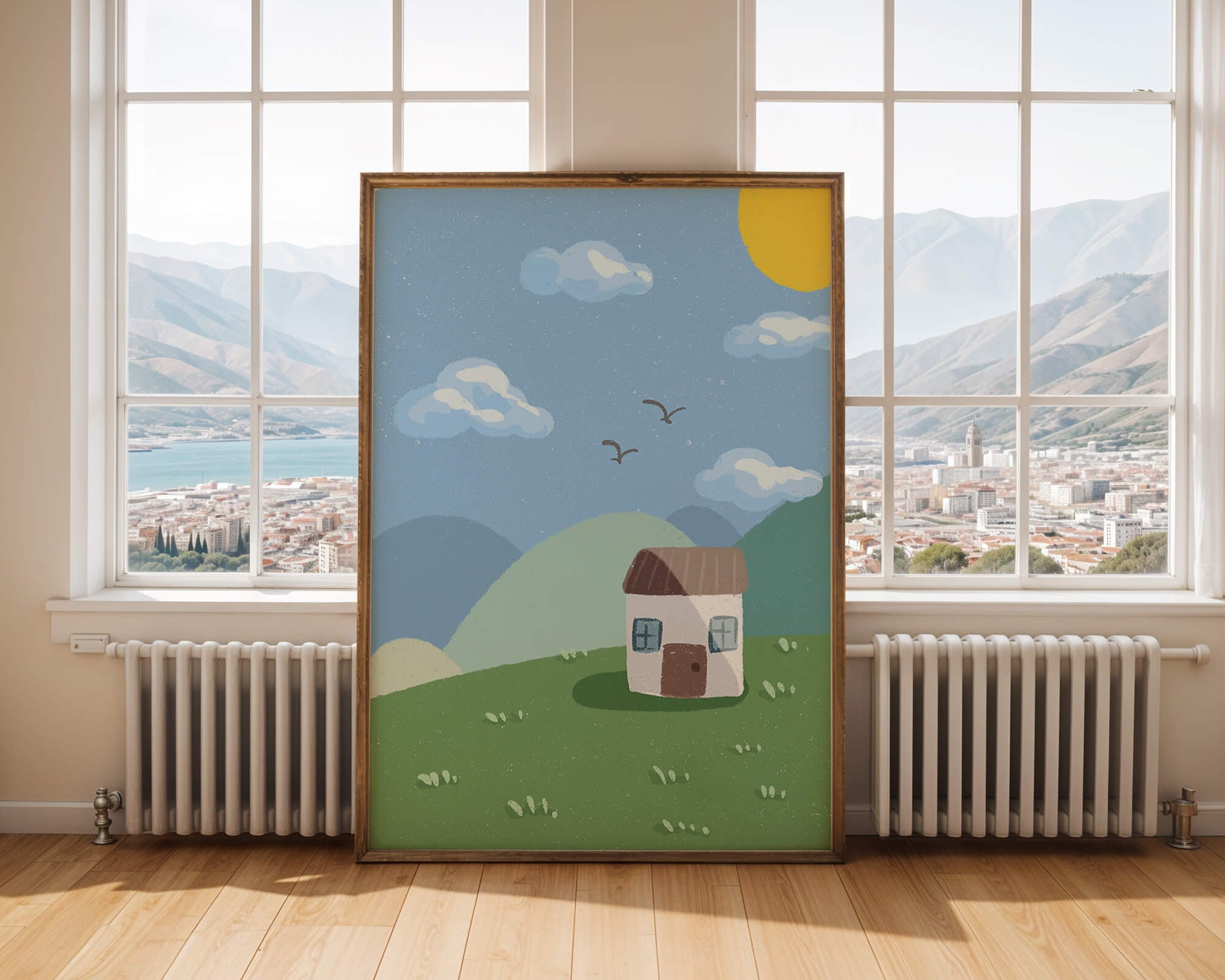 Illustration of a small house on a sunny hillside with clouds in a blue sky
