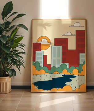 Cityscape At Sunset With Park And Lake