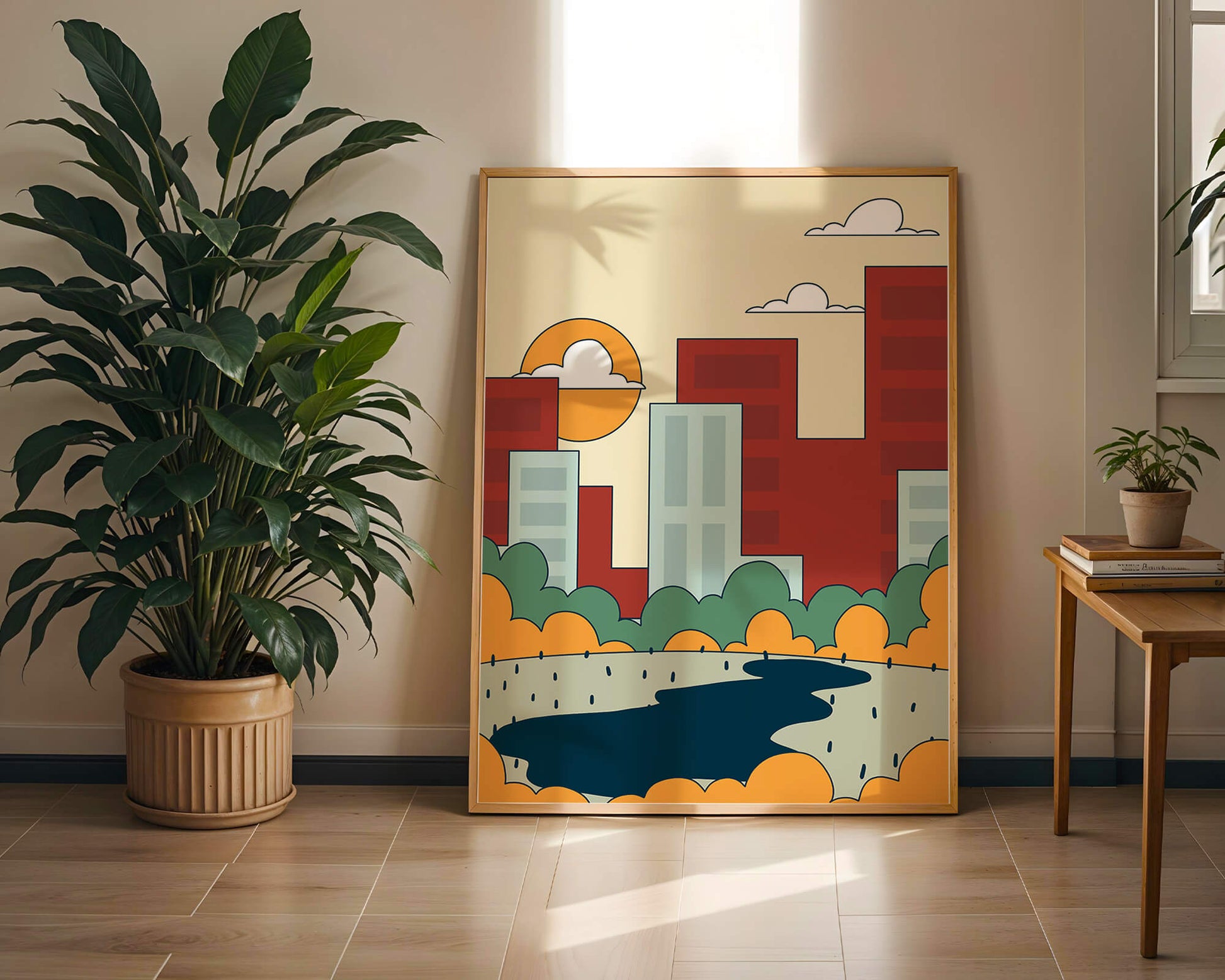 Cityscape At Sunset With Park And Lake