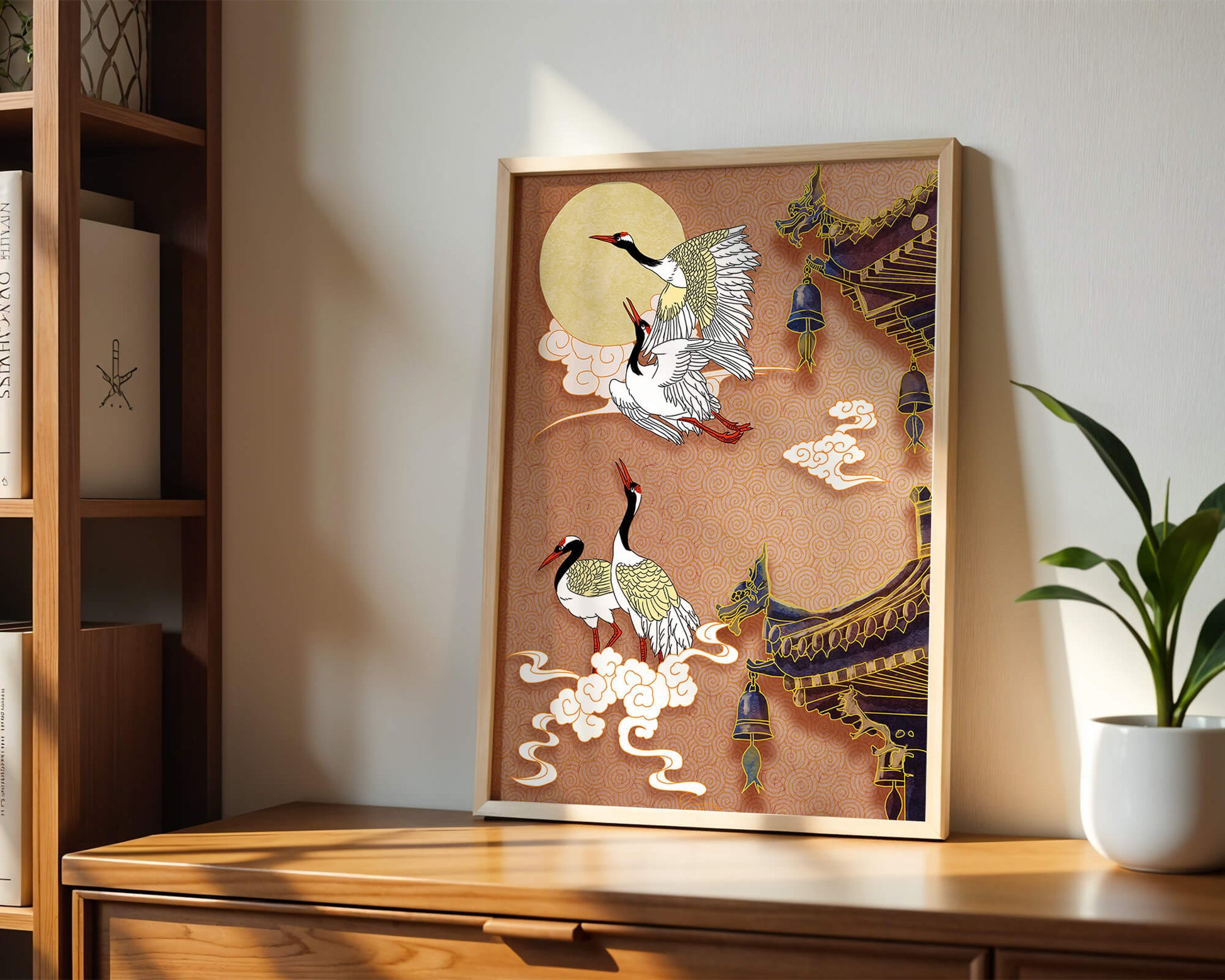Elegant cranes flying beside traditional Asian architecture under moonlight