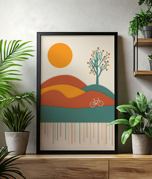 Abstract landscape with bicycle and tree in vibrant colors