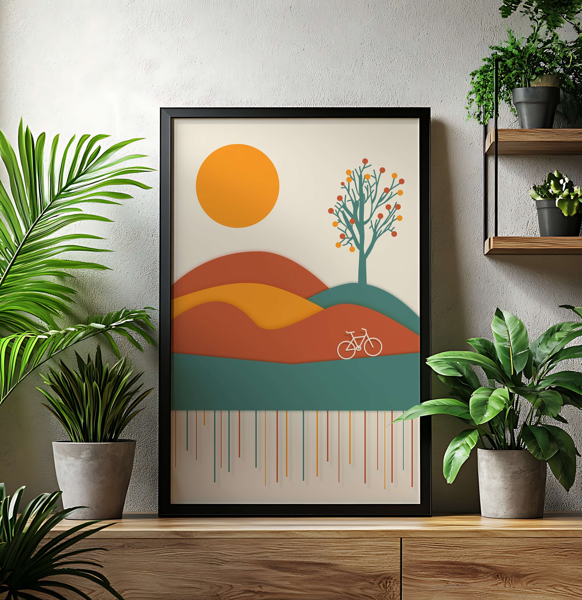 Abstract landscape with bicycle and tree in vibrant colors