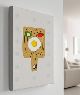 Ilustración de una escena de desayuno con huevo, aguacate y tomate sobre tabla de madera