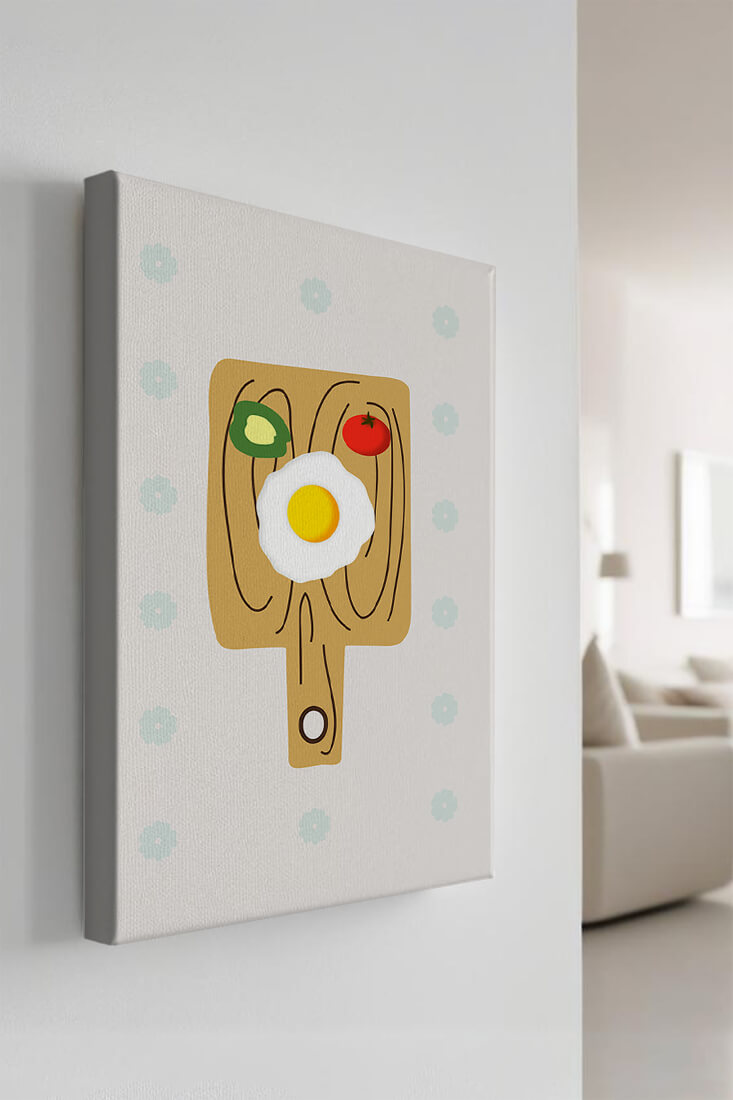 Ilustración de una escena de desayuno con huevo, aguacate y tomate sobre tabla de madera