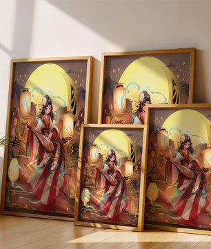 Traditional Asian woman playing musical instrument under moonlight