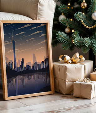 Skyline der Stadt bei Sonnenuntergang mit futuristischem Touch und Wasserspiegelung