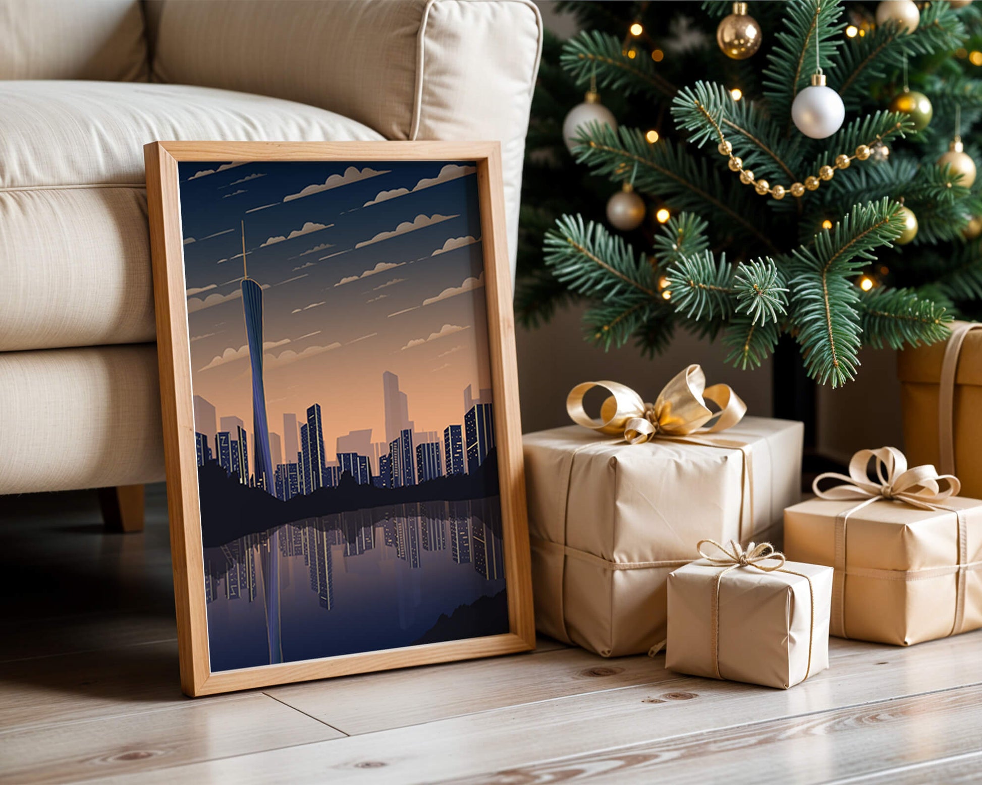 Skyline der Stadt bei Sonnenuntergang mit futuristischem Touch und Wasserspiegelung