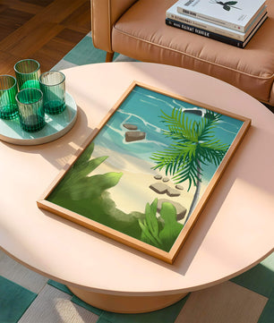 Serene tropical beach scene with lush greenery and calm waves