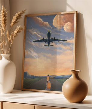 Serene airport departure with airplane and traveler at sunset