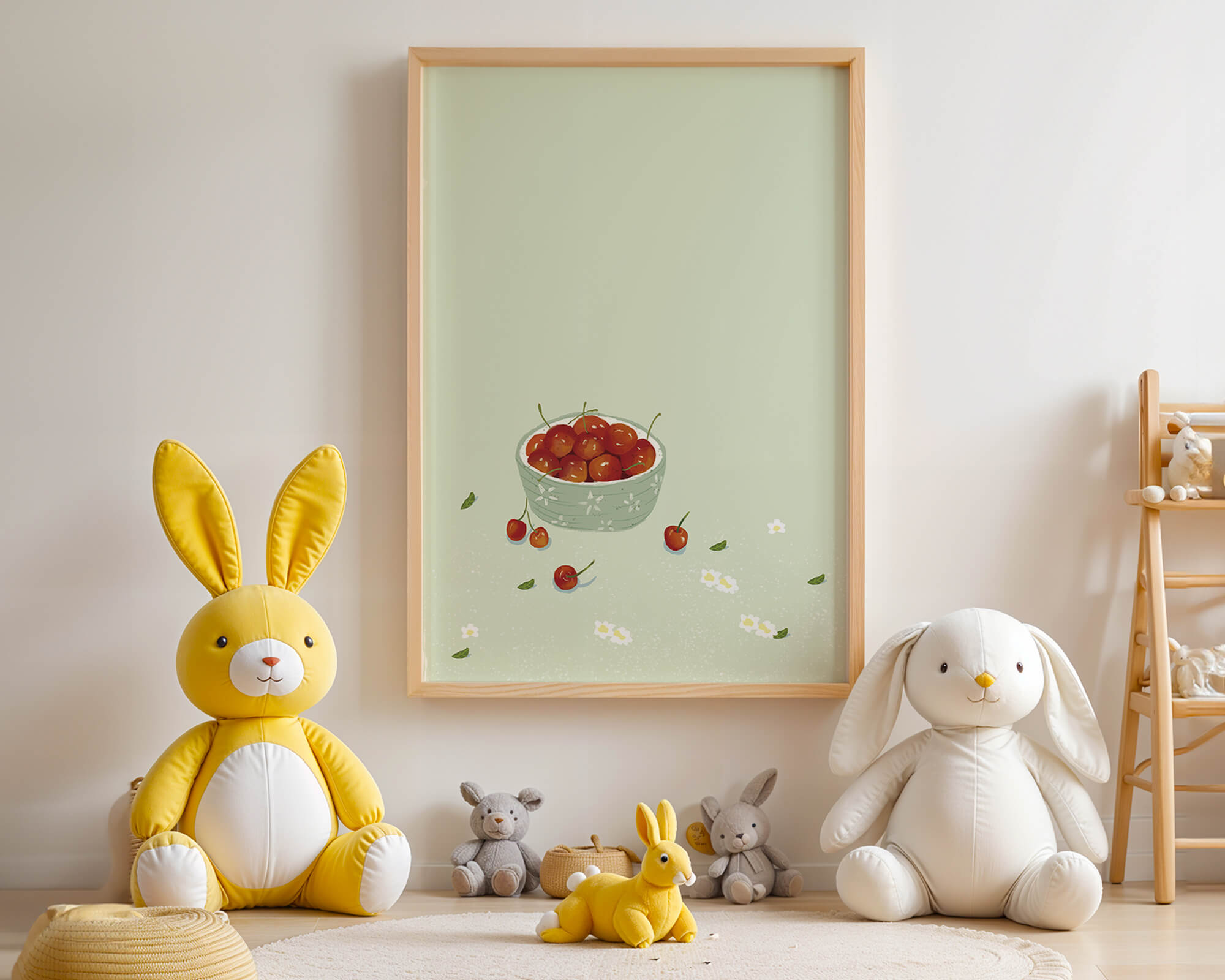 Cherries in a decorative bowl with floral accents on a soft green background