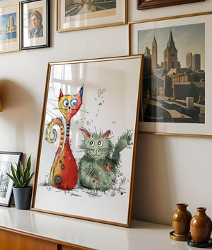 Ilustración artística colorida de dos gatos juguetones sobre fondo blanco