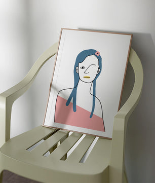 Abstract Portrait with Blue Hair and Floral Accent - Mi tienda