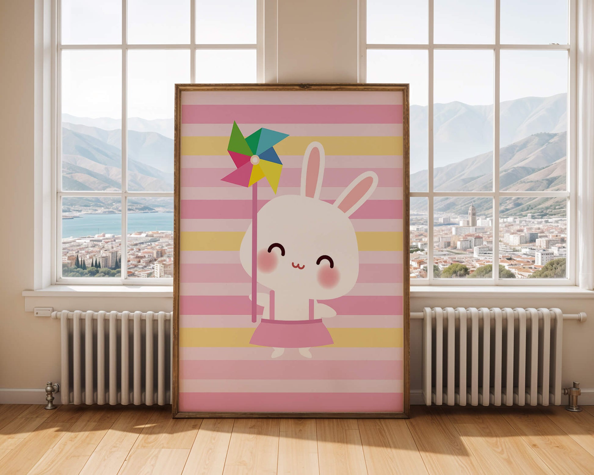 Adorable bunny with pinwheel on pastel striped backdrop