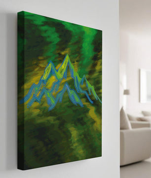 Abstract mountain landscape with vibrant colors and geometric lines