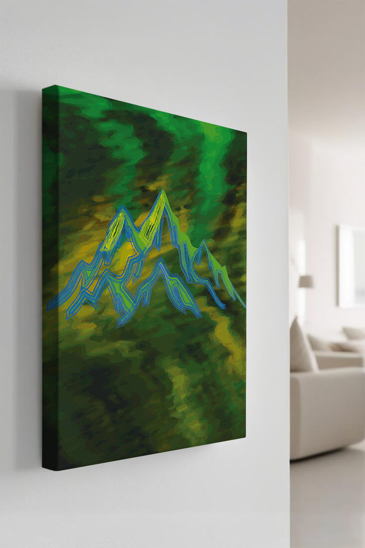 Abstract mountain landscape with vibrant colors and geometric lines