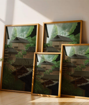 Traditional Japanese Architectural Scene with Lush Greenery