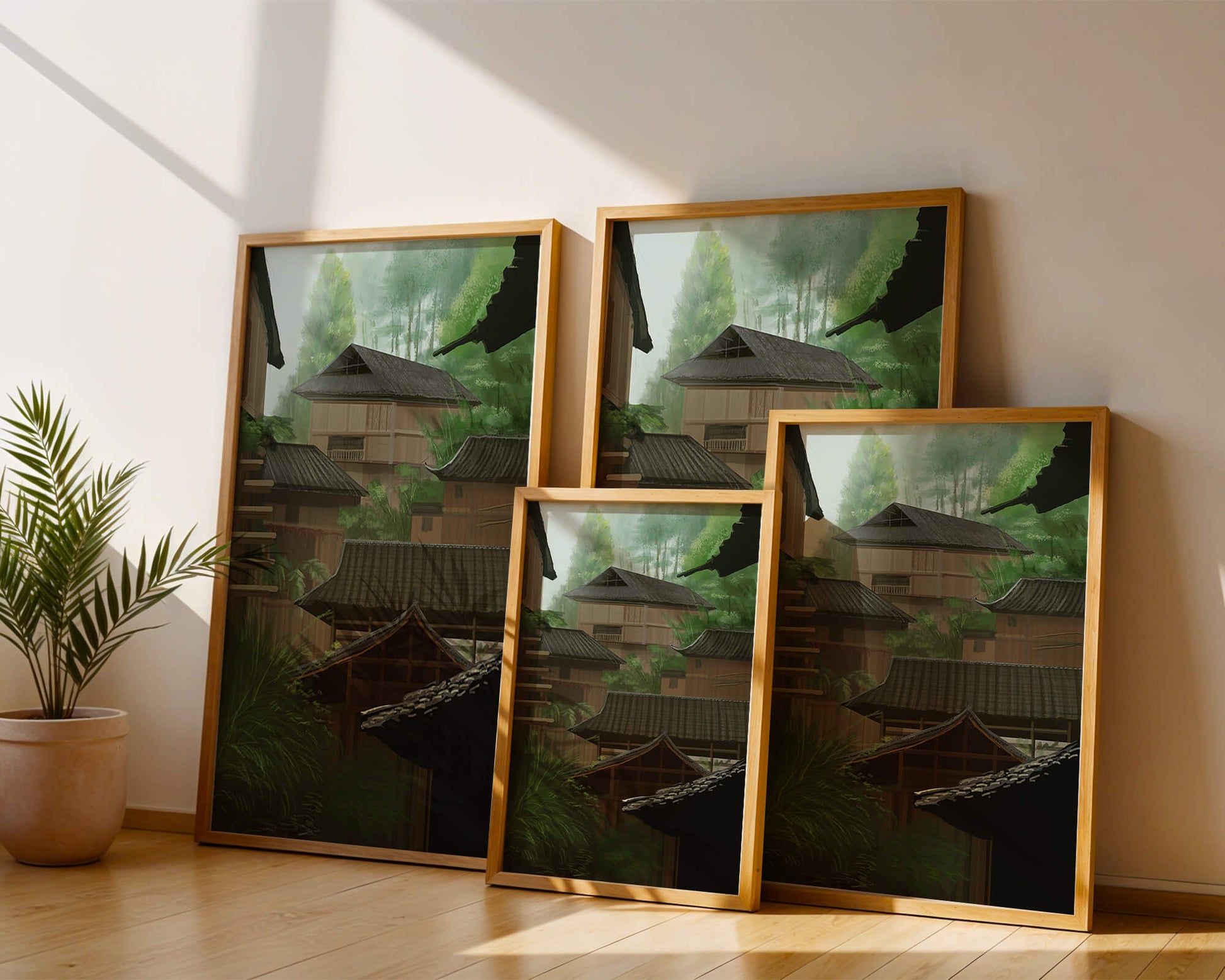 Traditional Japanese Architectural Scene with Lush Greenery