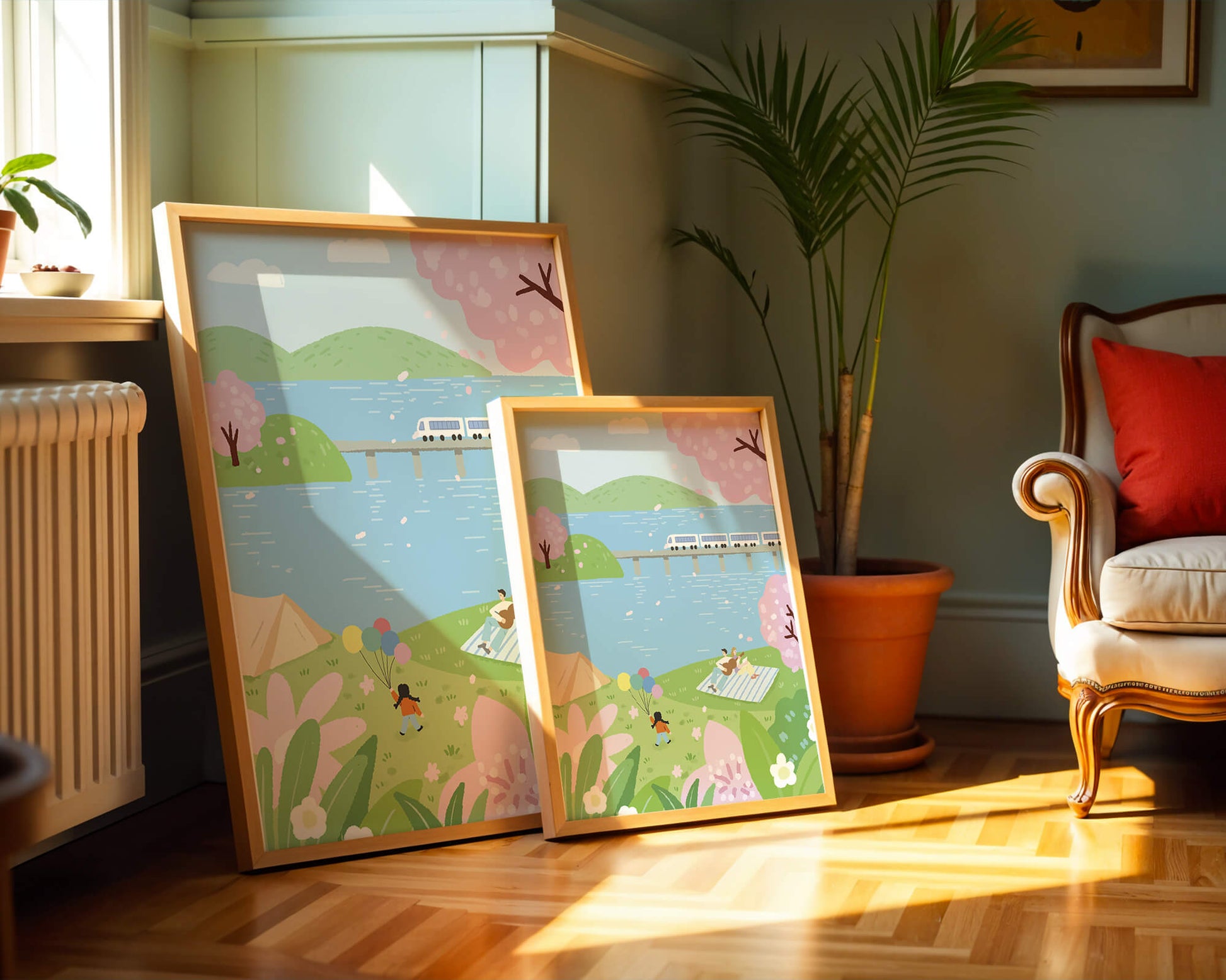 Piknik Tepi Danau yang Damai dengan Bunga Sakura dan Kereta Api