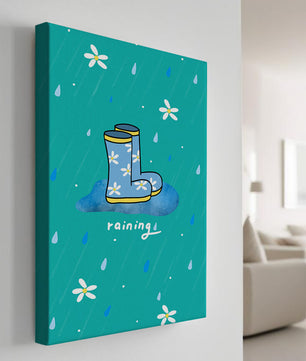 Colorful rain boots with floral pattern on a rainy background