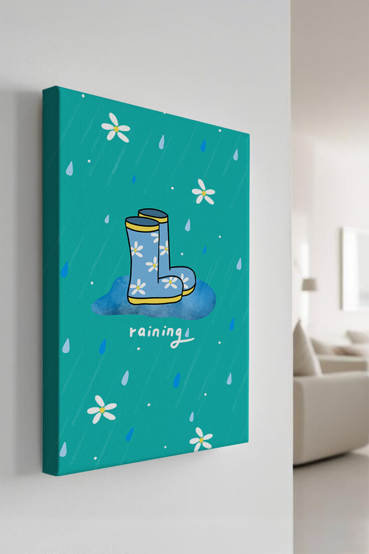Colorful rain boots with floral pattern on a rainy background