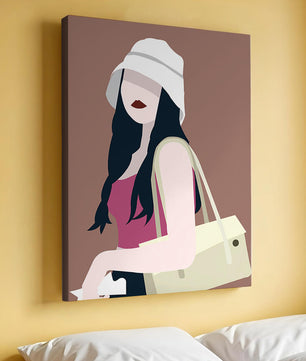 Ilustración elegante de una mujer con sombrero de cubo y ropa casual