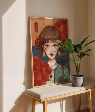 Digital art of a girl with floral and lantern elements