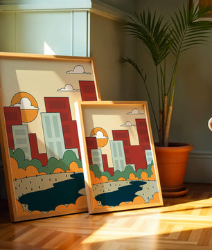 Cityscape At Sunset With Park And Lake