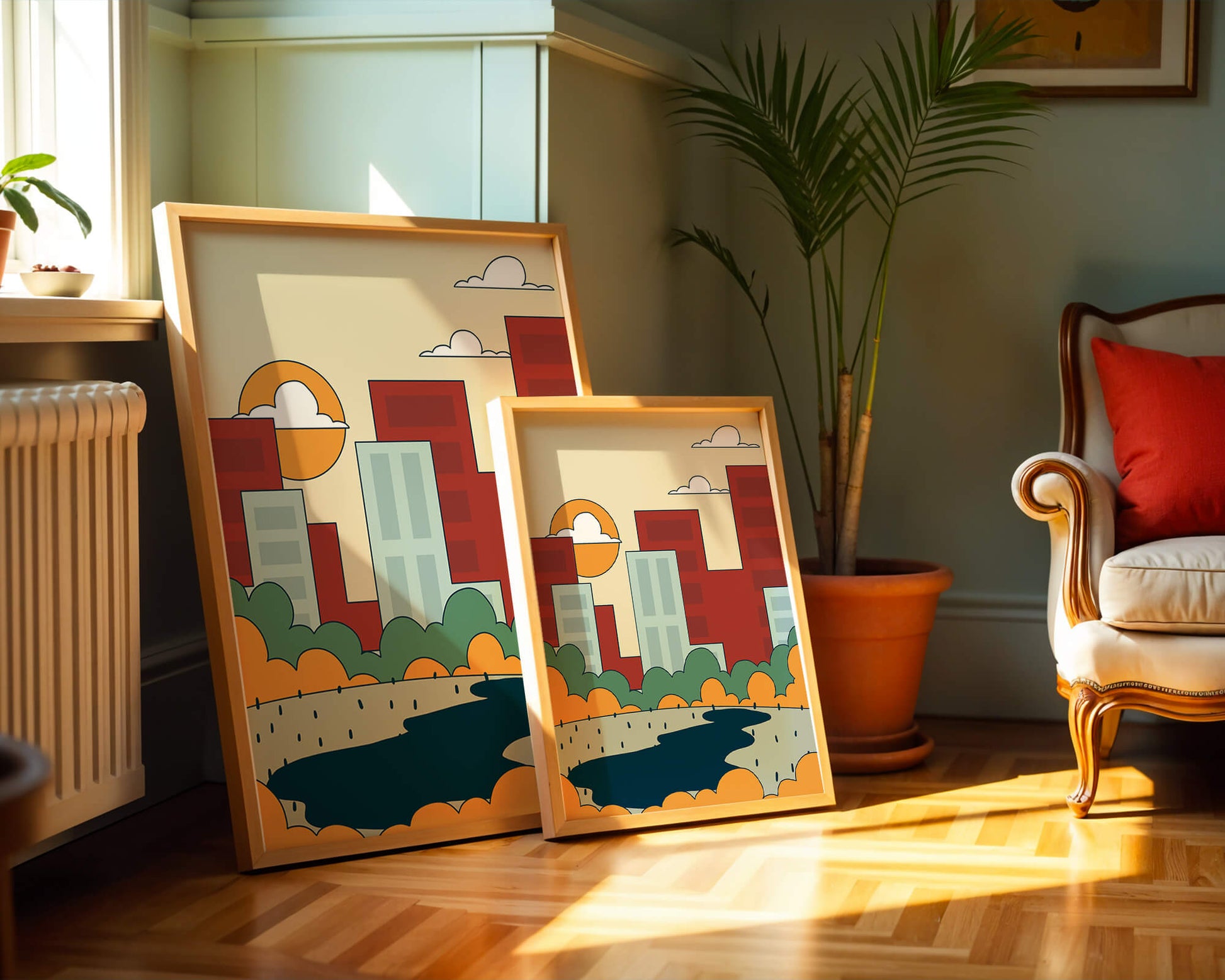 Cityscape At Sunset With Park And Lake
