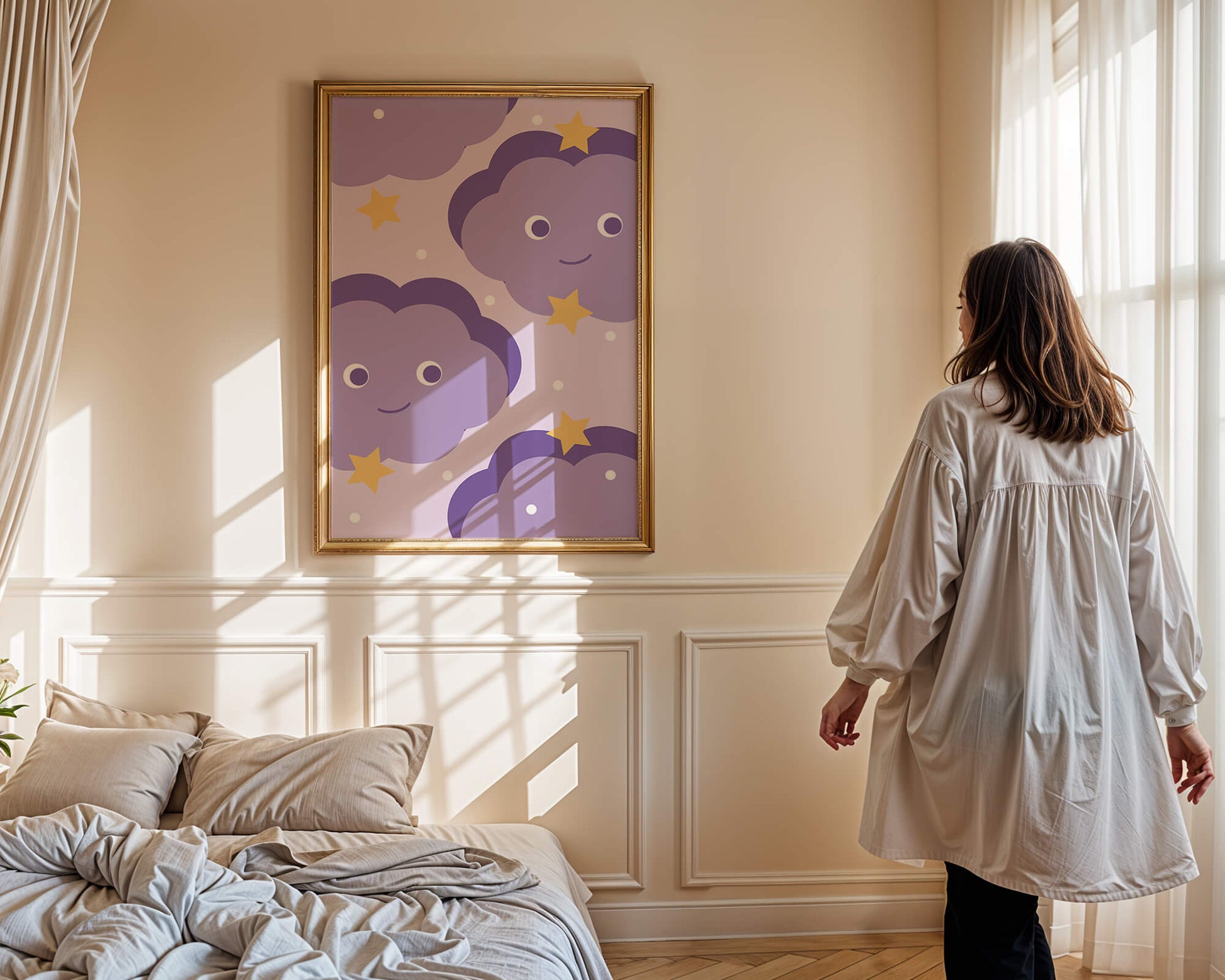 Whimsical purple cloud and star pattern for children's room decor
